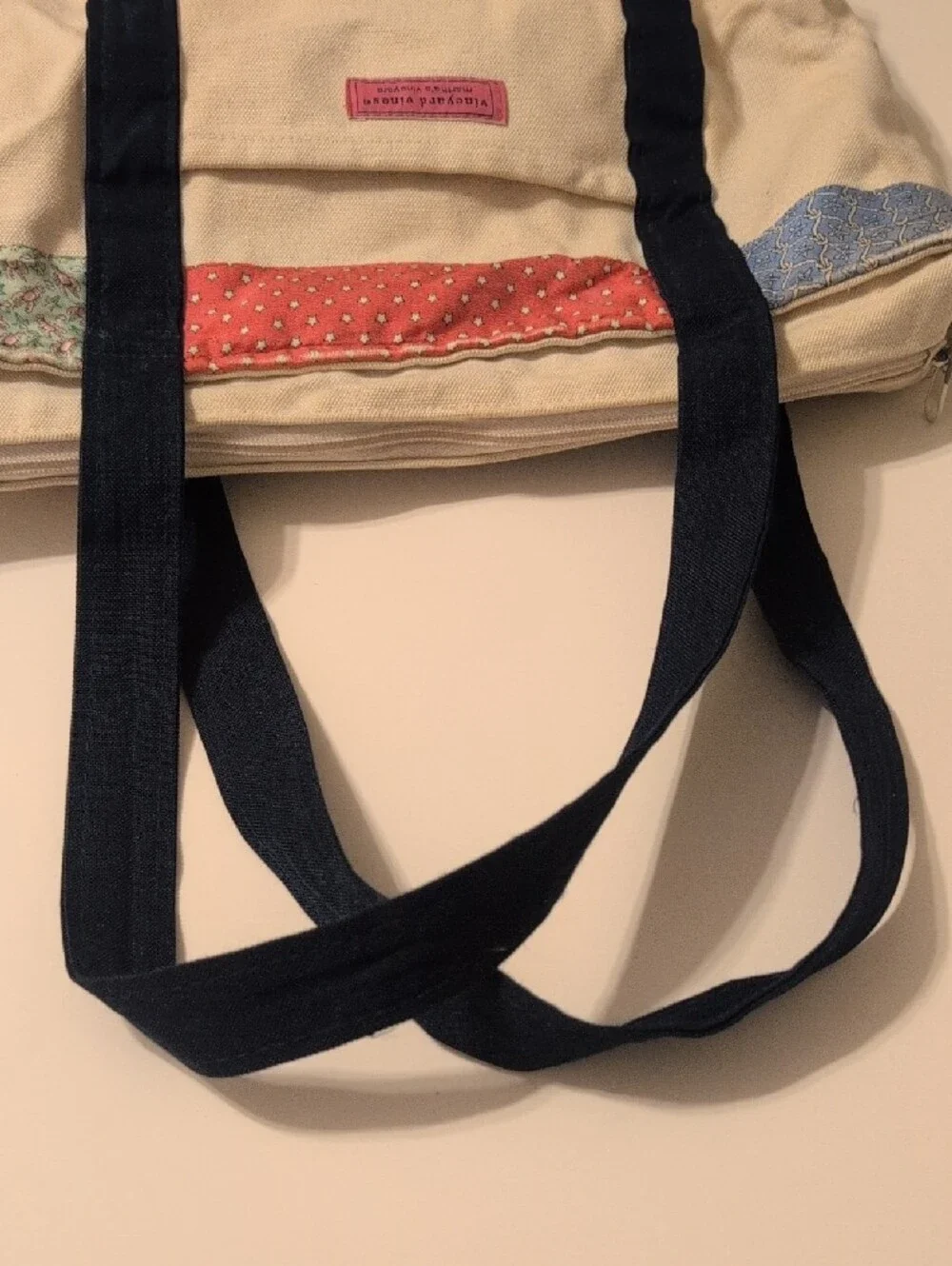 Vineyard Vines Cream Canvas Tote with Navy Straps and Multicolor Accents